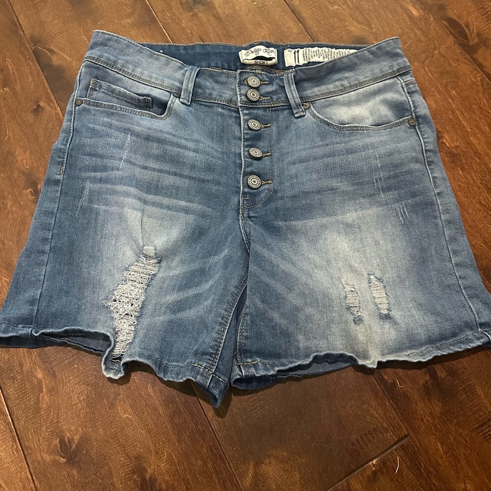 High-Rise Button-Fly Distressed Denim Shorts - Blue